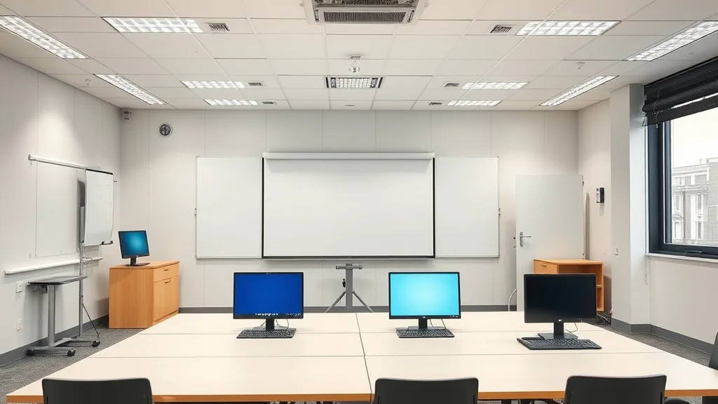 Klassenzimmer mit drei Computerarbeitsplätzen, Whiteboard an der Wand, Beamerleinwand, Tür und Fenster rechts.
