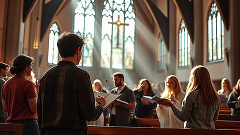 Innenaufnahme einer Kirche: Mann im Vordergrund hält Notenblätter, hinter ihm Kreuz und farbige Glasfenster; Chor singt.