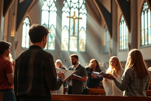 Innenaufnahme einer Kirche: Mann im Vordergrund hält Notenblätter, hinter ihm Kreuz und farbige Glasfenster; Chor singt.