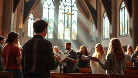 Innenaufnahme einer Kirche: Mann im Vordergrund hält Notenblätter, hinter ihm Kreuz und farbige Glasfenster; Chor singt.