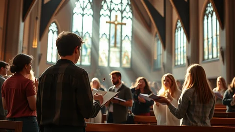 Innenaufnahme einer Kirche: Mann im Vordergrund hält Notenblätter, hinter ihm Kreuz und farbige Glasfenster; Chor singt.