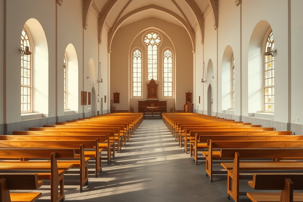 Kircheninnenraum mit Holzbankreihen, hohen Bögen und lichtdurchfluteten Fenstern; Altar im Hintergrund.
