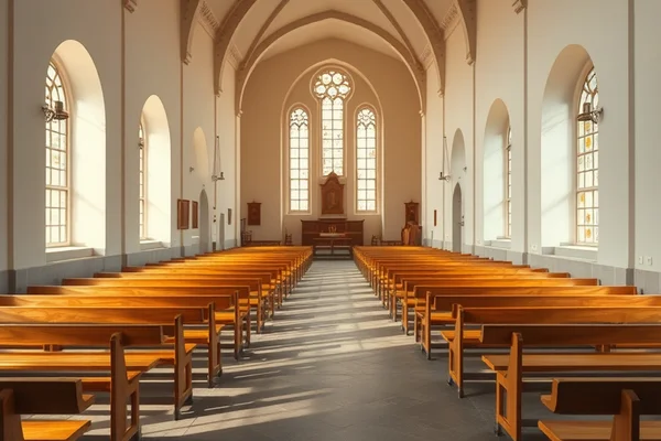 Kircheninnenraum mit Holzbankreihen, hohen Bögen und lichtdurchfluteten Fenstern; Altar im Hintergrund.