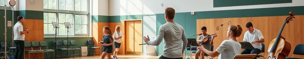 Sporthalle mit Holzfußboden: Junge Leute spielen Frisbee, Musiker mit Gitarre und Kontrabass daneben.