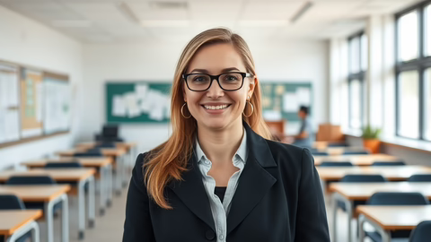 Lächelnde Frau mit Brille und Blazer im hellen Klassenraum vor Reihen von Tischen und großen Fenstern.