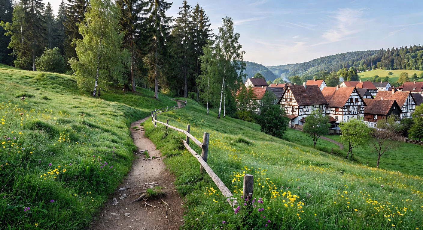 Pfad mit Holzzaun durch blühende Wiese zu Fachwerkhäusern im Tal, bewaldete Hügel, blauer Himmel.