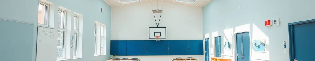 Helles blaues Klassenzimmer mit Basketballkorb, Reihen von Tischen und Stühlen, Holzfußboden und Sonnenstrahlen.