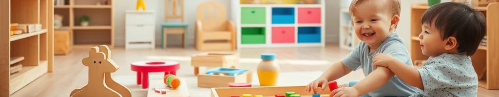 Zwei lachende Kleinkinder spielen in einem Spielzimmer mit buntem Holzspielzeug und Abakus; vor ihnen ein Holzpferd.
