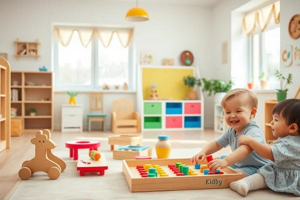 Zwei lachende Kleinkinder spielen auf dem Boden eines hellen Spielzimmers mit buntem Holzspielzeug und einem Abakus.