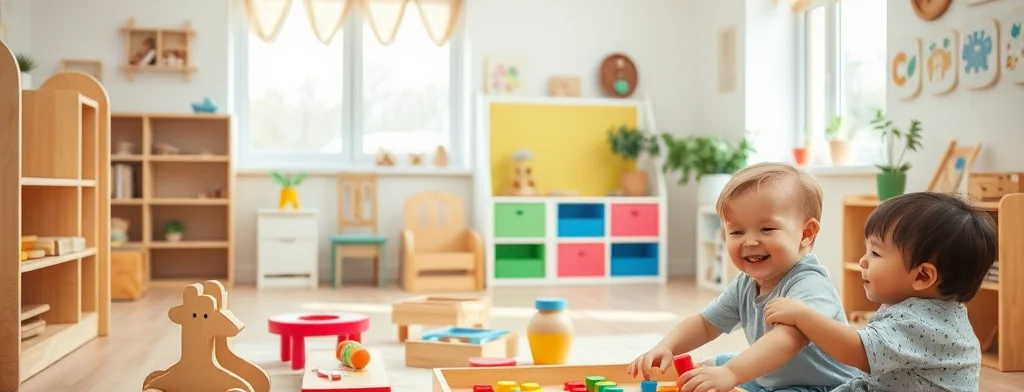 Zwei lachende Kleinkinder spielen in einem Spielzimmer mit buntem Holzspielzeug und Abakus; vor ihnen ein Holzpferd.