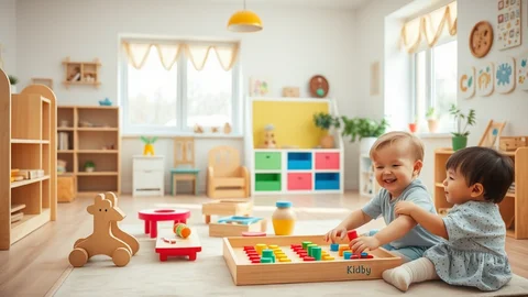 Zwei lachende Kleinkinder spielen auf dem Boden eines hellen Spielzimmers mit buntem Holzspielzeug und einem Abakus.