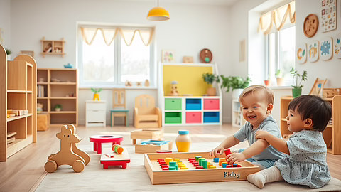 Zwei lachende Kleinkinder spielen auf dem Boden eines hellen Spielzimmers mit buntem Holzspielzeug und einem Abakus.