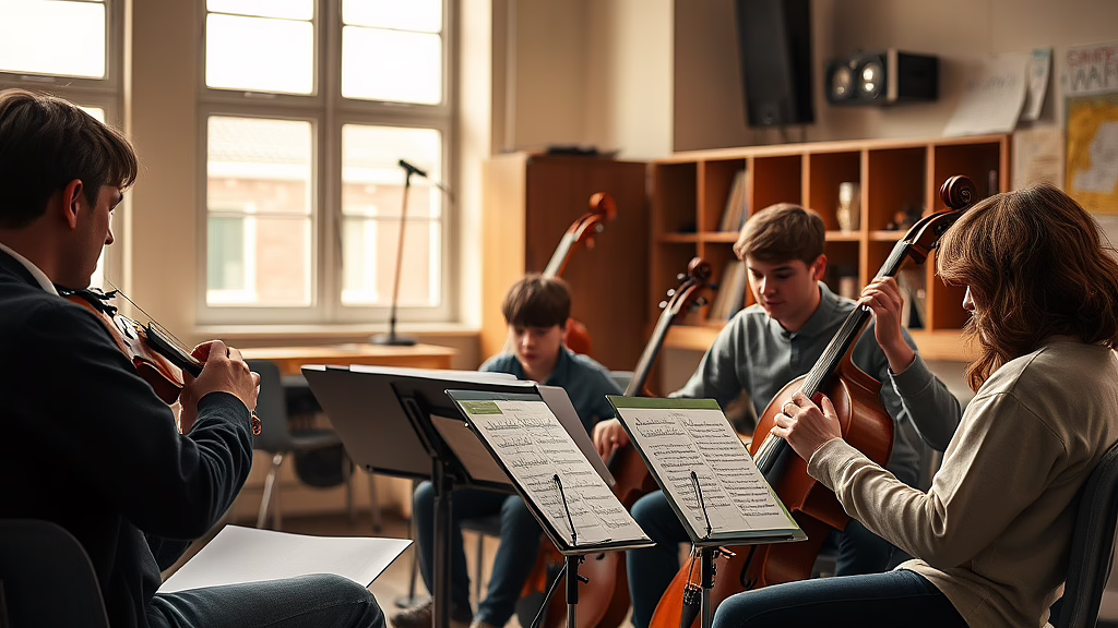 Gruppe junger Musiker in einem Musikraum spielt Geige und Cello, Notenblätter auf Ständern, helles Fenster im Hintergrund.