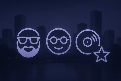 Neon purple icons: bearded hipster in glasses smiling, bespectacled smiley, starred vinyl record on city skyline.