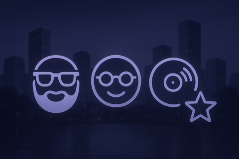 Neon purple icons: bearded hipster in glasses smiling, bespectacled smiley, starred vinyl record on city skyline.