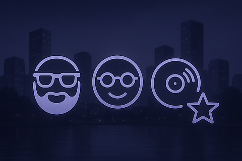 Drei neonviolette Symbole vor nächtlicher Skyline: Hipster mit Brille und Bart, Smiley mit Brille, Vinylplatte mit Stern.