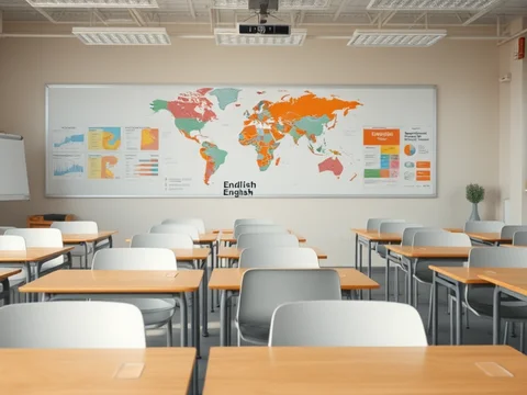 Klassenzimmer mit Reihen von Holztischen und grauen Stühlen; eine große Weltkarte hängt an der Tafel, Lernposter rechts.