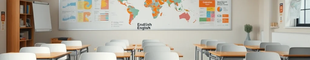 Klassenzimmer mit Holztischen in Reihen und grauen Stühlen; große Weltkarte hängt an der Tafel, Lernposter rechts.