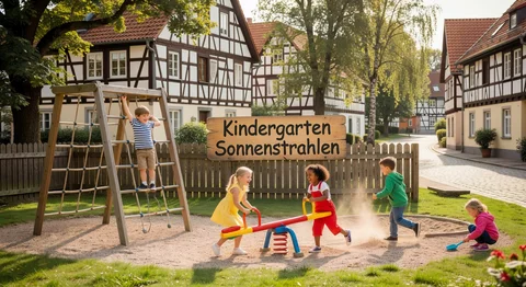Kinder spielen im Kindergarten „Sonnensstrahl“ auf Klettergerüst, Wippe und Sandkasten vor Fachwerkhäusern.