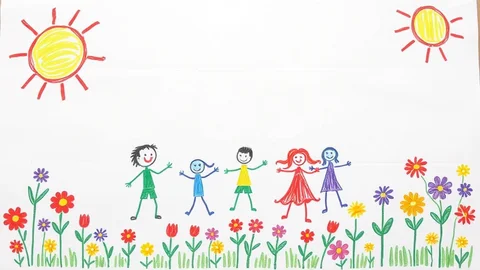 Fünf bunte Kinder halten sich an den Händen auf einer Blumenwiese, mit zwei Sonnen am Himmel.