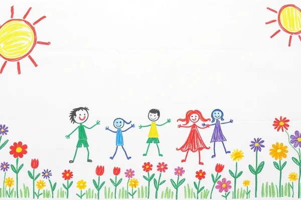 Fünf bunte Kinder halten sich an den Händen auf einer Blumenwiese, mit zwei Sonnen am Himmel.