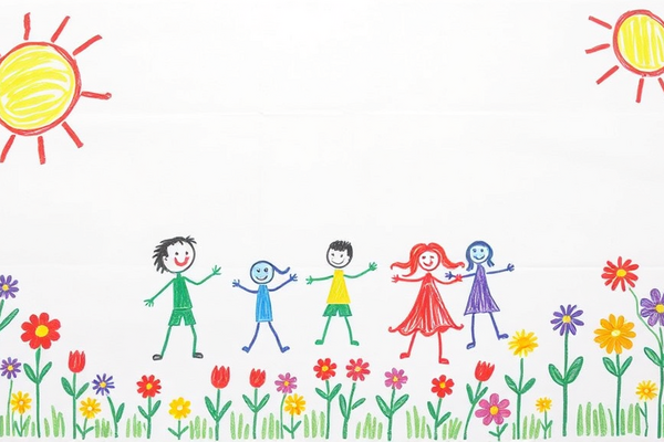 Fünf bunte Kinder halten sich an den Händen auf einer Blumenwiese, mit zwei Sonnen am Himmel.