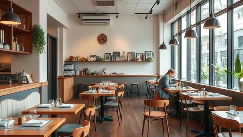 Helles Café mit Holztischen und großen Fenstern rechts; Pendelleuchten, Regale mit Dekorationen und ein Mann am Fenster.