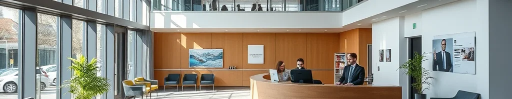 Moderne Empfangshalle: helle Fensterfronten, Holz-Rezeption mit drei Mitarbeitenden, Wartebereich mit Sesseln und Pflanze.