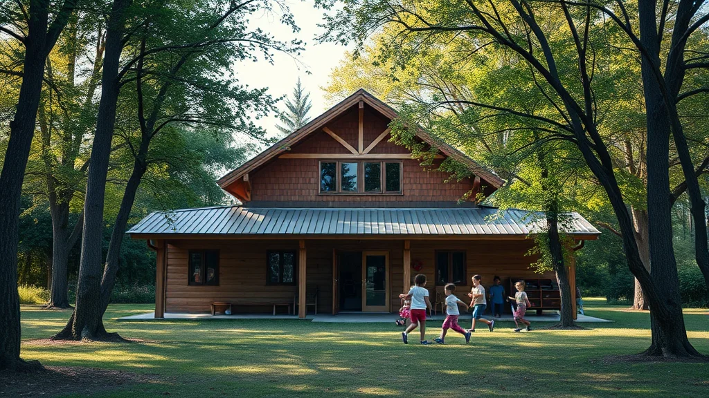 Rustikale Holzhütte im Park, von Bäumen umgeben; Kinder rennen auf dem Gras vor dem Haus.