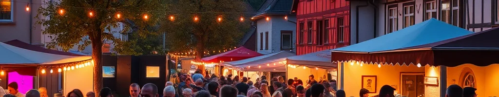 Abendlicher Straßenmarkt mit vielen Menschen, Ständen und Lichterketten vor bunten Fachwerkhäusern.