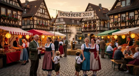 Lebendiges Dorffest 2023 in Fachwerkdorf: Marktstände, Brunnen, Trachten, Biertrinker bei Dämmerung.