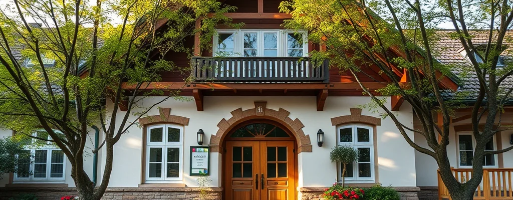 Rustikales Haus mit Holztür, Steinbasis und bogenförmigem Steinrahmen, Balkon, von Bäumen umgeben, Blumenkübel am Eingang.