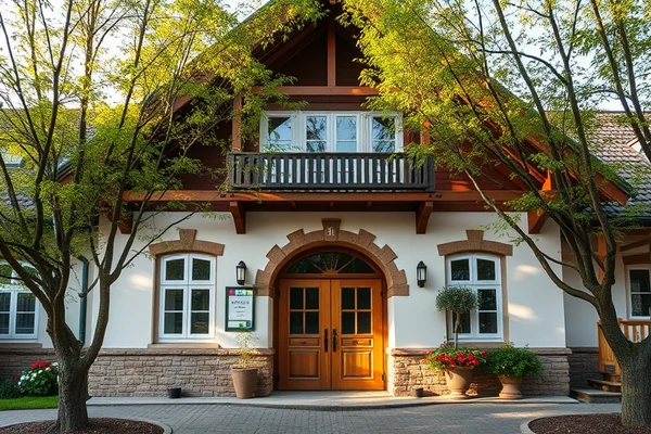 Rustikales Haus mit Holztür, Steinbasis und bogenförmigem Steinrahmen; Balkon oben, von Bäumen umgeben, Blumenkübel.