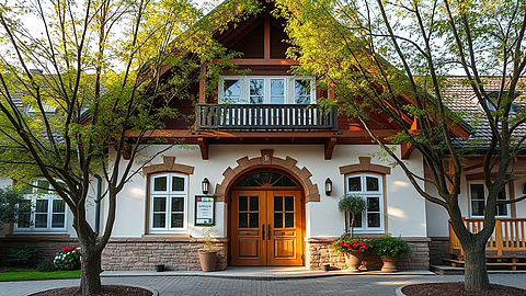 Rustikales Haus mit Holztür, Steinbasis und bogenförmigem Steinrahmen; Balkon oben, von Bäumen umgeben, Blumenkübel.