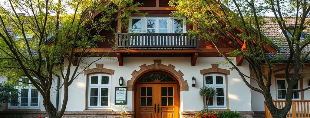 Rustikales Haus mit Holztür, Steinbasis und bogenförmigem Steinrahmen, Balkon, von Bäumen umgeben, Blumenkübel am Eingang.