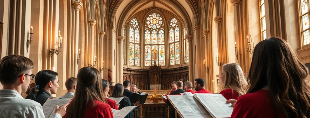 Chor in einer gotischen Kirche singt, hält Notenblätter; warme Lichtstrahlen und bunte Bleiglasfenster im Hintergrund.