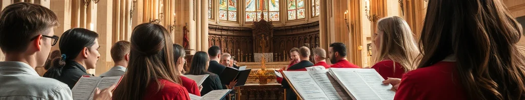 Chor in einer gotischen Kirche singt, hält Notenblätter; warme Lichtstrahlen und bunte Bleiglasfenster im Hintergrund.