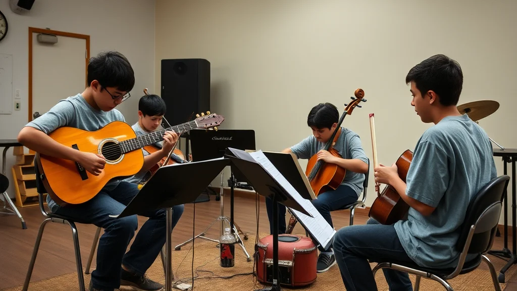 Vier Jungen in blauem T-Shirt spielen Gitarren und Cello in Probenraum; Notenständer und Schlagzeug im Hintergrund.