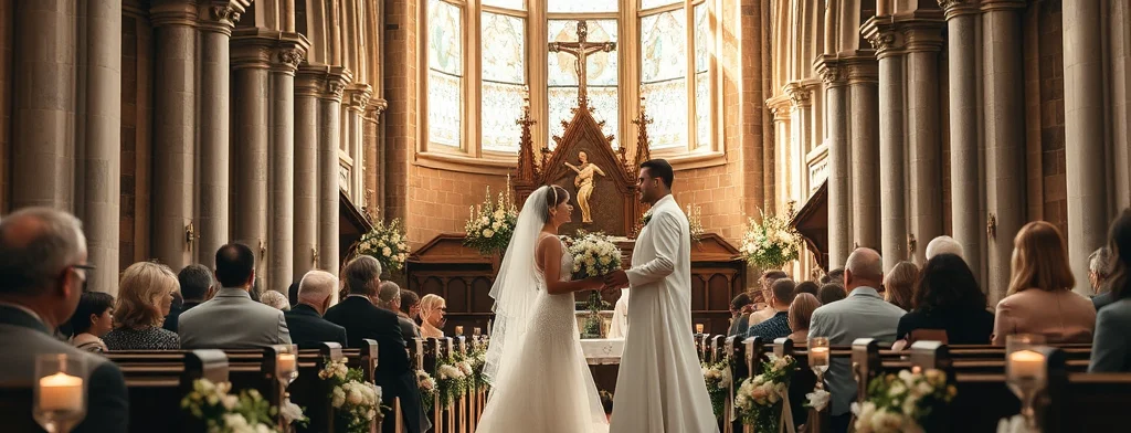 Braut und Bräutigam stehen sich in einer gotischen Kirche gegenüber, Altar im Hintergrund, Gäste sitzen.