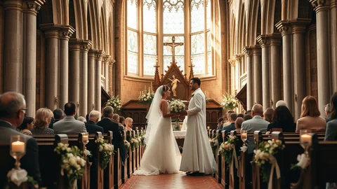 Braut und Bräutigam stehen sich in gotischer Kirche gegenüber, Altar im Hintergrund, Gäste sitzen.