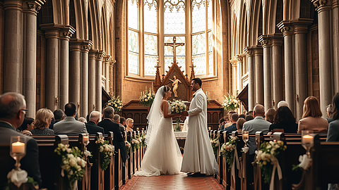 Braut und Bräutigam stehen sich in gotischer Kirche gegenüber, Altar im Hintergrund, Gäste sitzen.