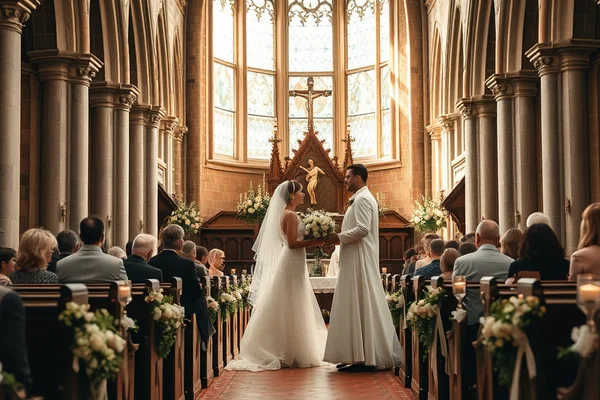 Braut und Bräutigam stehen sich in gotischer Kirche gegenüber, Altar im Hintergrund, Gäste sitzen.