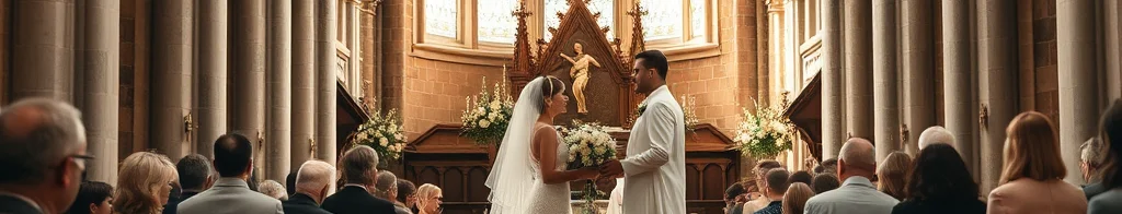 Braut und Bräutigam stehen sich in einer gotischen Kirche gegenüber, Altar im Hintergrund, Gäste sitzen.