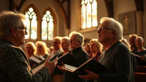 Chorgruppe älterer Menschen singt in einer Kirche; jeder hält ein Gesangsbuch, warmes Licht fällt durch bunte Glasfenster.