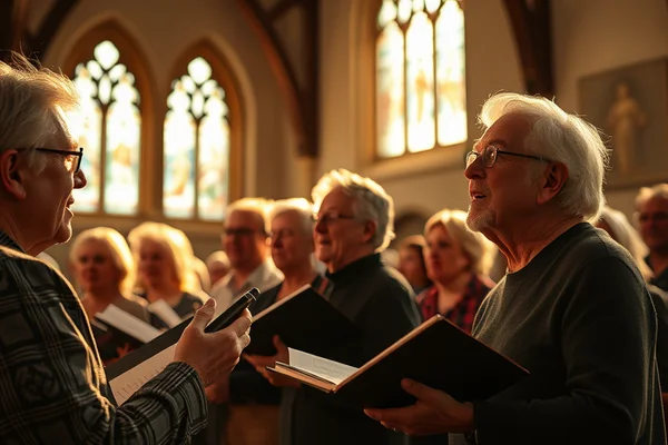 Chorgruppe älterer Menschen singt in einer Kirche; jeder hält ein Gesangsbuch, warmes Licht fällt durch bunte Glasfenster.