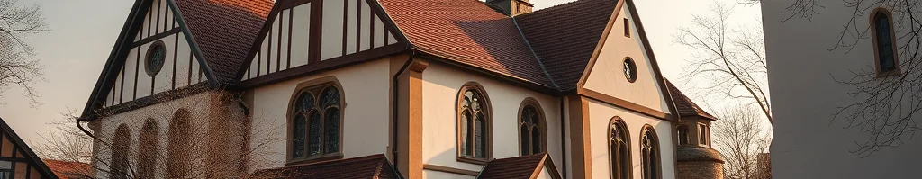 Gotische Kirche mit rotem Ziegeldach, weißer Fassade, Fachwerk-Details, gotischen Fenstern und Holzveranda.