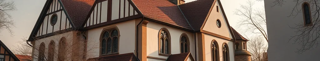 Gotische Kirche mit rotem Ziegeldach, weißer Fassade, Fachwerk-Details, gotischen Fenstern und Holzveranda.