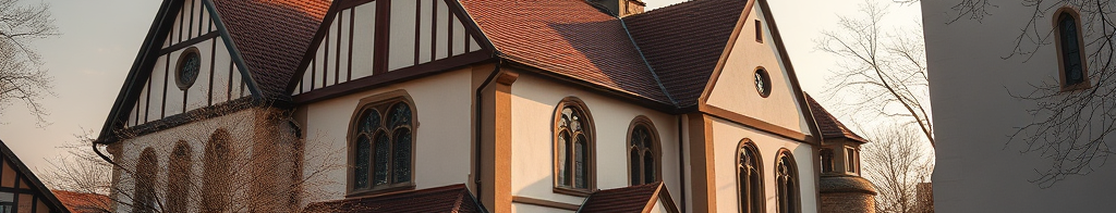 Gotische Kirche mit rotem Ziegeldach, weißer Fassade, Fachwerk-Details, gotischen Fenstern und Holzveranda.