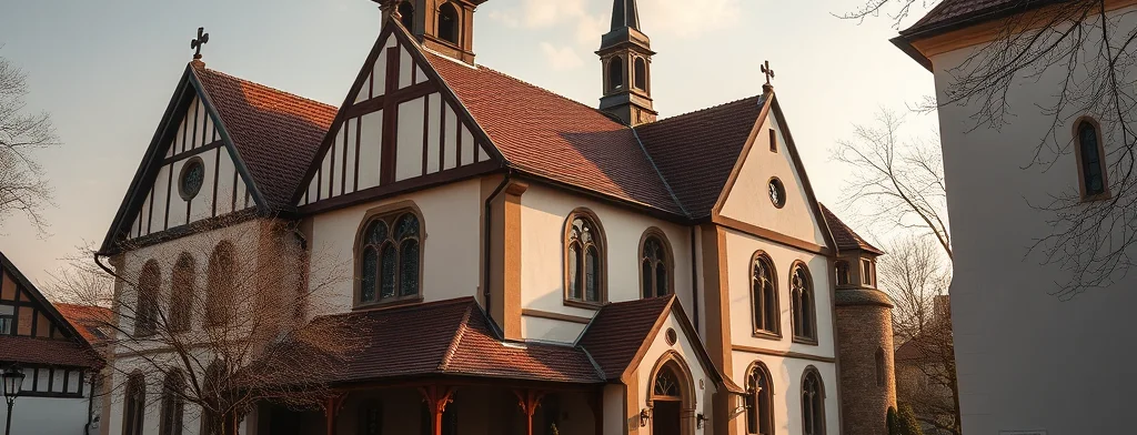 Gotische Kirche mit rotem Ziegeldach, weißer Fassade, Fachwerk-Details, gotischen Fenstern und Holzveranda.