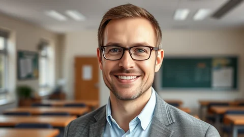 Lächelnder Mann mit Brille in einem Klassenraum; Tische und Tafel im Hintergrund.